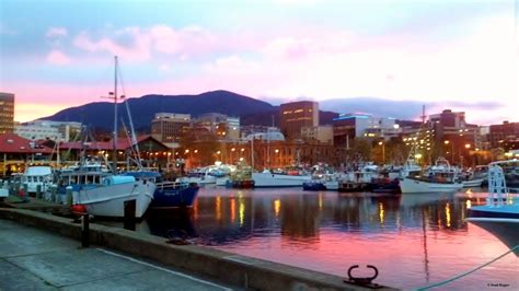 Hobart City Waterfront At Sunset With Mt Wellington In The Background