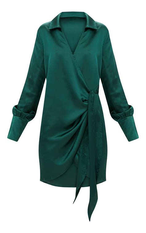 Emerald Green Satin Deep Cuff Wrap Front Shift Dress Prettylittlething Usa