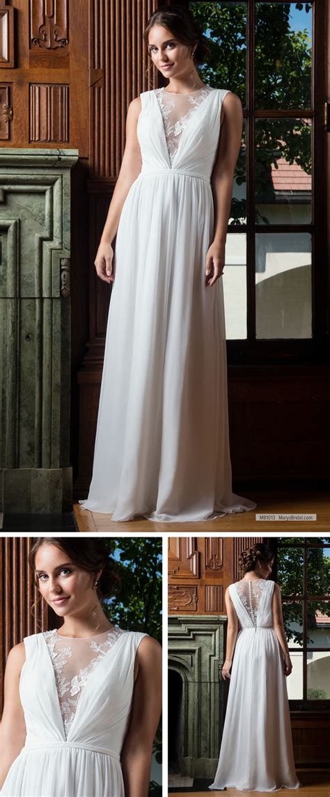 Mb1013 Chiffon A Line Wedding Dress With Illusion Jewel Neck Line