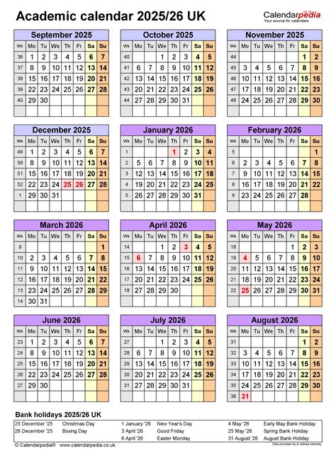 Academic Calendars 202526 Uk Free Printable Word Templates