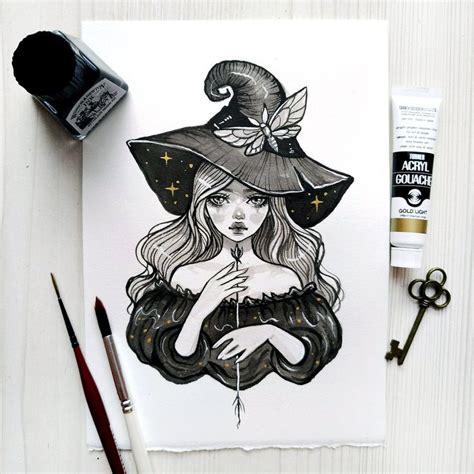 Lady Witch Original Ink Art Witch Drawing Ink Art Witch Art