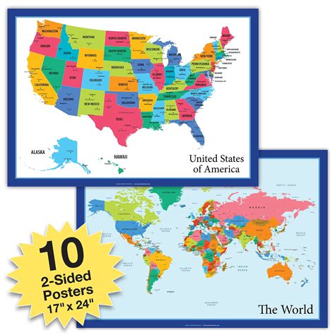 10 Extra Large Usa Map And World Map Posters 24x17 Inch Double Sided