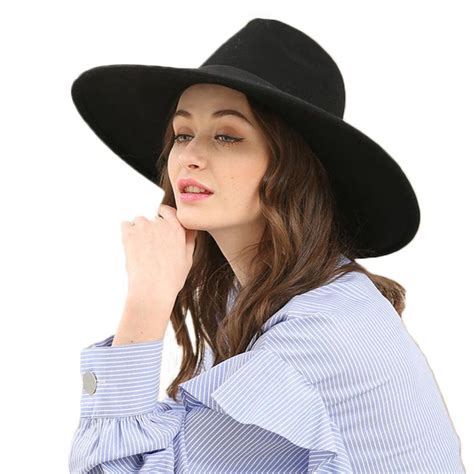 Fs Big Brim Black Hat Fedora Wool Felt Hats Women Panama Cap Ladies