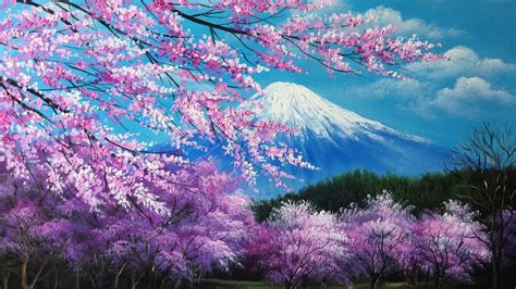 The Cherry Blossoms In The Mt Fuji Acrylic Painting Slideshow