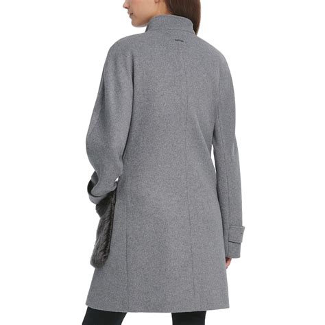 Dkny Womens Grey Wool Blend Faux Fur Pocket Walker Coat Couturepoint