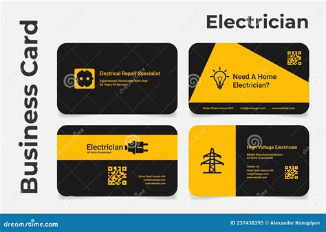 Professional Electrician Business Card Set Vector Flat Illustration