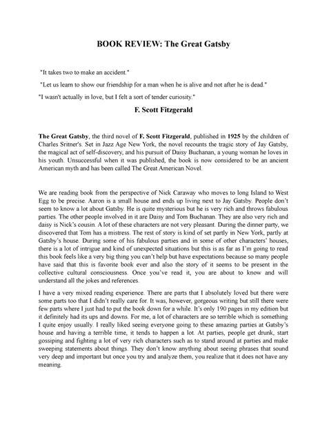 Book Review The Great Gatsby Book Review The Great Gatsby It