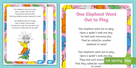 One Elephant Went Out To Play Nursery Rhyme Poster