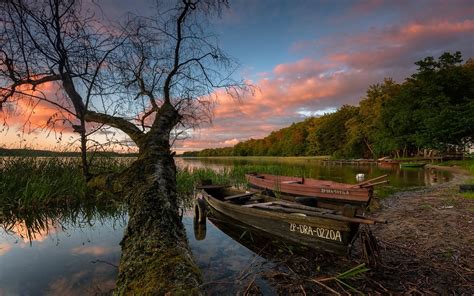 1106531 Sunlight Trees Landscape Fall Boat Sunset Night Lake