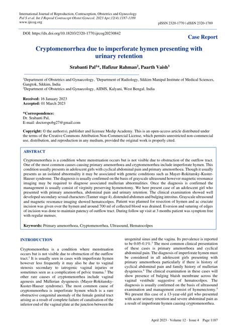 Pdf Cryptomenorrhea Due To Imperforate Hymen Presenting With Urinary