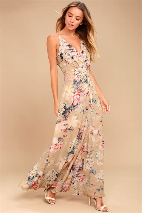 Lovely Beige Dress Floral Print Dress Maxi Dress Lulus