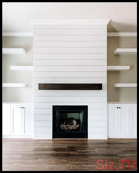 Modern Rustic White Shiplap Fireplace Featuring Dark
