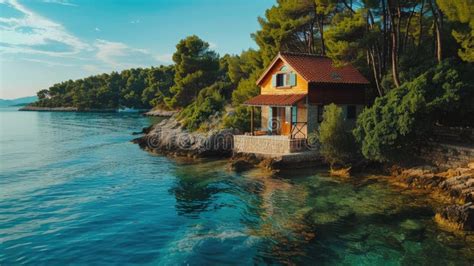 A Small House Sitting On The Shore Of A Lake Stock Image Image Of