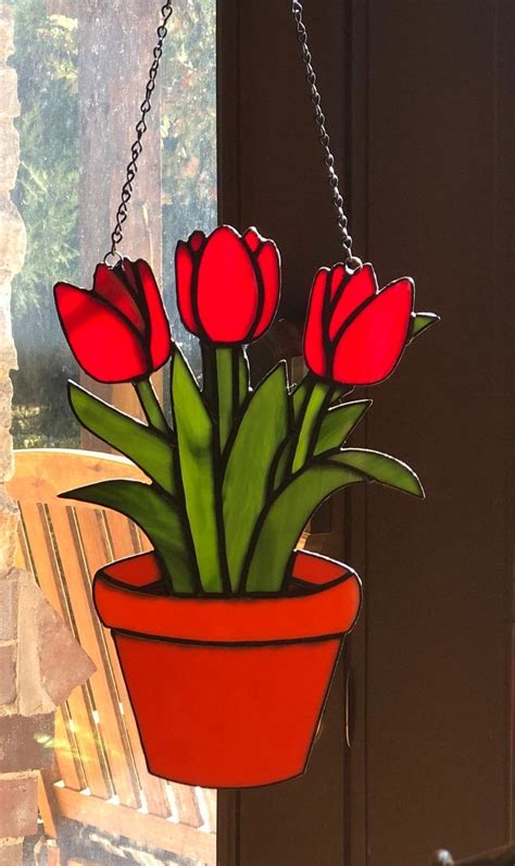 Tulips Stained Glass Suncatcher Large Potted Flowers Etsy Stained Glass Ornaments Stained