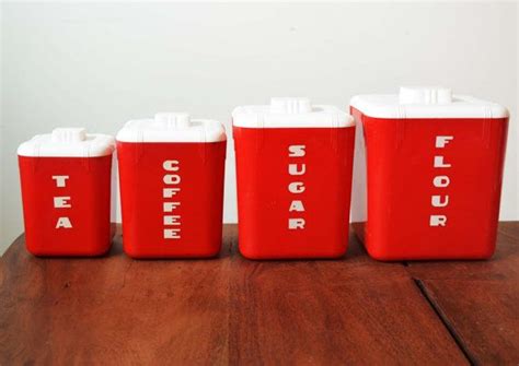 Vintage Set Of 4 Red Plastic Canisters Mid Century Kitchen Etsy