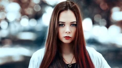 Woman Necklace Face Blue Eyes Lipstick Model Long Hair Bokeh