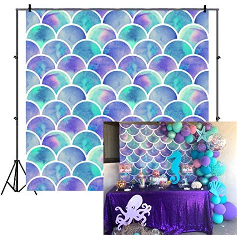 Laeacco 8x8ft Mermaid Party Backdrop Gradient Green Purple Scales