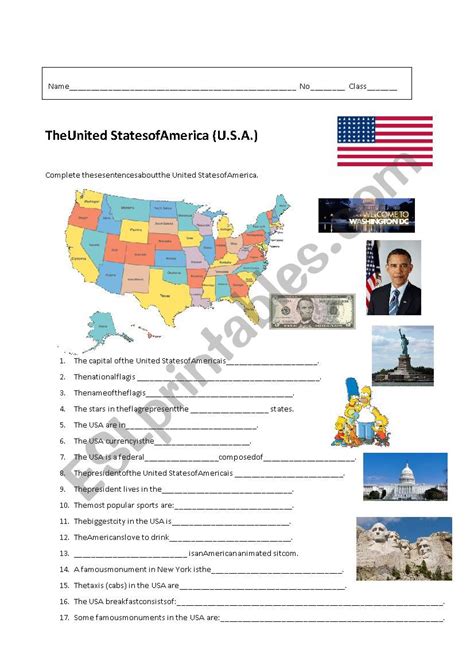 United States Of America Esl Worksheet By Marialemos
