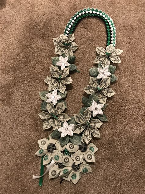 Green And Black Double Braided Ribbon Lei With Origami Money Flowers
