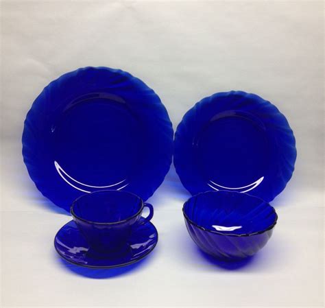 1960 Cobalt Blue Glass Dinnerware Rivage Cobalt Swirl Design 40 Piece Set Vereco Bought Out By