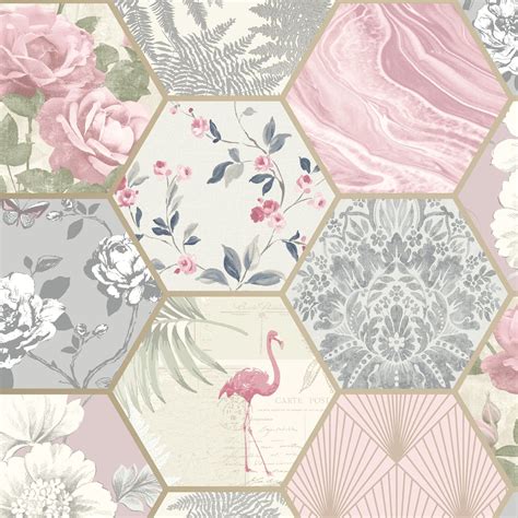 Rasch Patchwork Geometric Floral Metallic Hexagon Wallpaper Grey Pink
