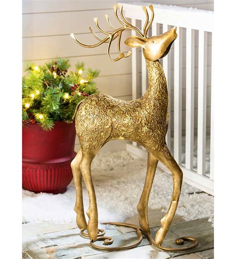 Gold Metal Detailed Reindeer Statuary Wind And Weather