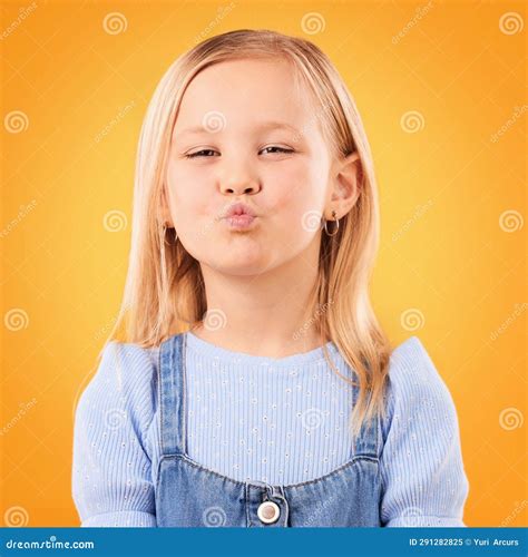 Happy Pout And Portrait Of Girl On Orange Background With Happiness