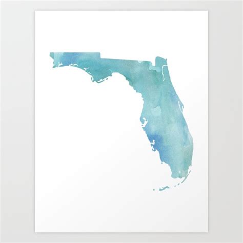 Watercolor State Map Florida Fl Blue Green Art Print By Rockyrivers