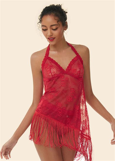 Amanda Sexy Halter Top Lace Tassel Red Nightgown