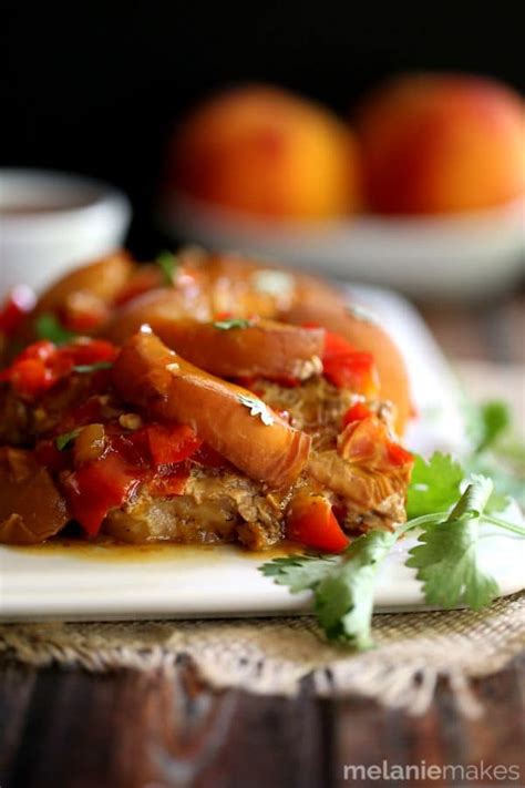 Serve them with veggies such as mashed potatoes or broccoli along with a green salad for a complete meal. Slow Cooker Peach and Pepper Pork Chops - Melanie Makes