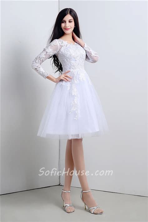 Princess Ball Gown Short White Tulle Lace Sleeve Prom