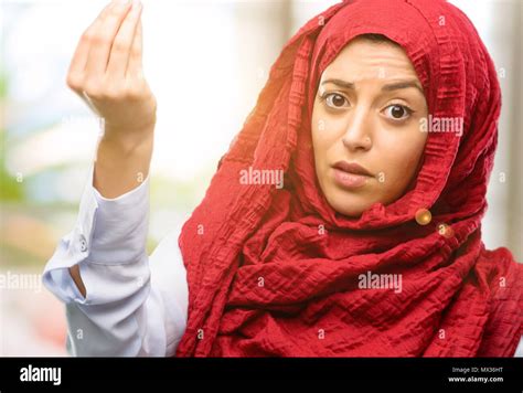 Young Arab Woman Wearing Hijab Angry Gesturing Typical Italian Gesture