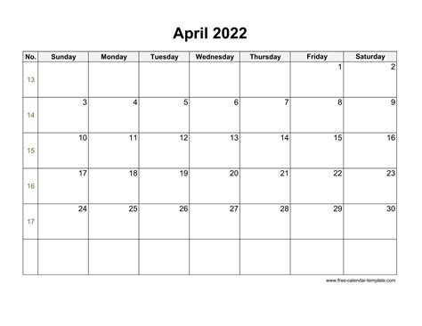Blank Monthly Calendar April 2022