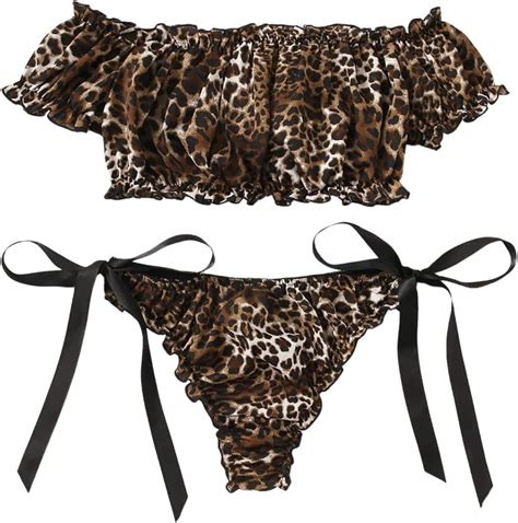 Shein Womens Leopard Print Ruffle Short Sleeve Lingerie Set With Side Tie Knot Brown Leopard
