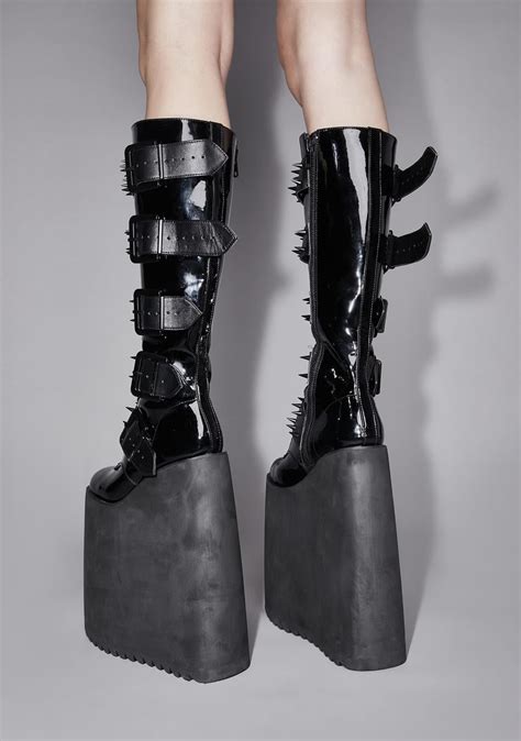 Widow Spiked Buckle Triple Stacked Platform Boots Black Dolls Kill