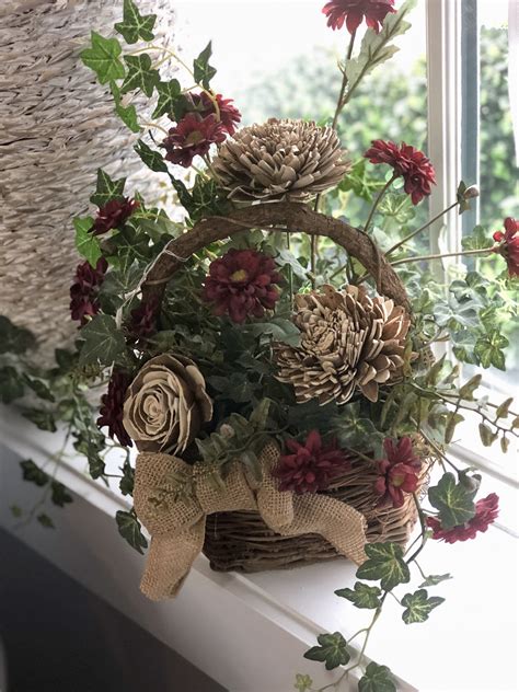 Rustic Basket Fall Silk And Wood Flower Arrangement With Burlap Bow Rustic Silk Flower
