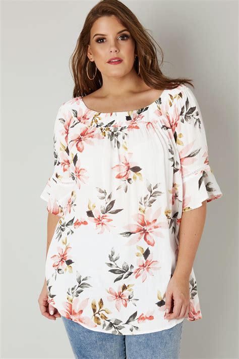 White Floral Print Gypsy Top With Flute Sleeves Plus Size 16 To 36
