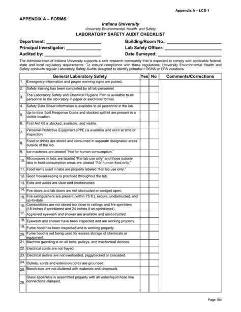 Laboratory Safety Audit Checklist Protect Iu