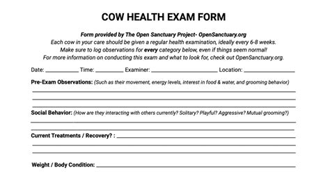 The Open Sanctuary Projects Cow Health Exam Form The Open Sanctuary