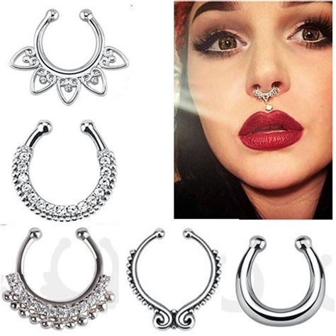 Fashion Fake Septum Medical Titanium Nose Ring Studs Piercing Silver