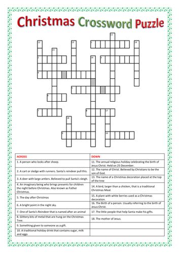 Christmas Crossword Puzzle 2 With Answers Teaching Resources