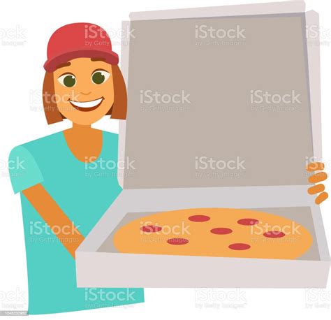 Cartoon Girl Pizza Delivery With Open Box Of Pizza Vector Stock