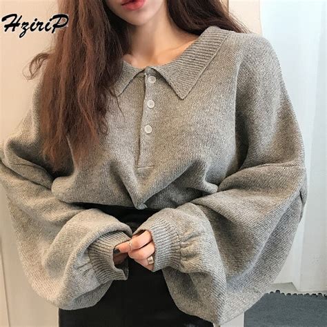 Hzirip Turn Down Collar Knitted Sweater Women 2018 Autumn Fashion Long Lantern Sleeve Loose