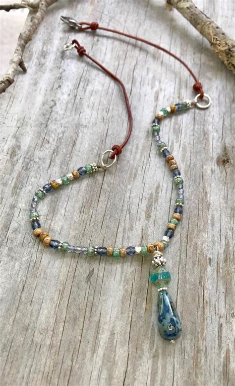 Boho Style Crystal Beaded Necklace With Blue Glass Pendant Rustic