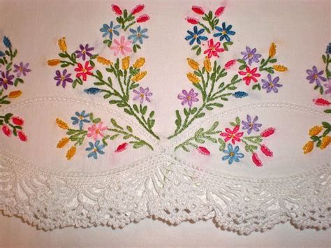 Vintage Embroidered And Crochet Edged Pillowcase Garden Embroidery Embroidery Works Embroidery