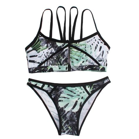 Fs Green Leaf Print Swimsuit Zipper Bikinis Set Women Halter Padded