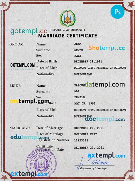 Djibouti Marriage Certificate PSD Template Fully Editable