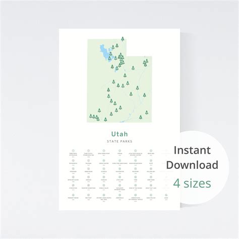 Map Of Utah State Parks Checklist Poster Download 8x12 Etsy Utah