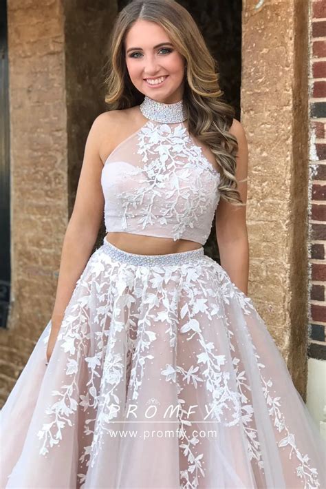 Beaded Two Piece Lace Appliqued A Line Prom Dresses Promfy
