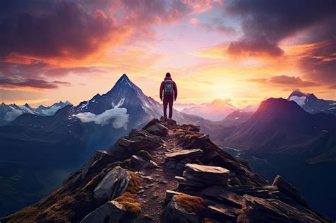 Premium Ai Image Hiker Standing On Top Of A Mountain And Looking At